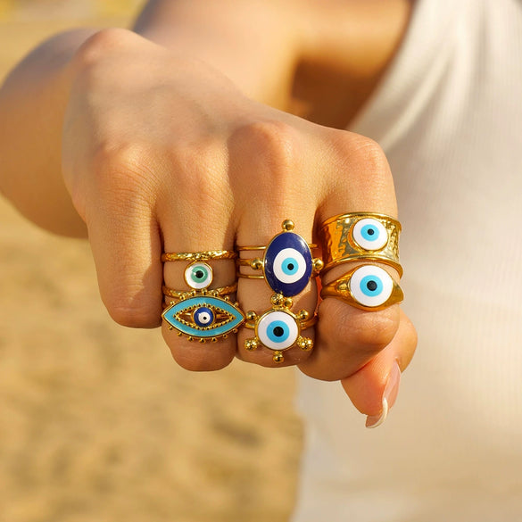 Wholesale Ring Stainless Steel Geometric Evil Blue Eye Retro Electroplating For Women