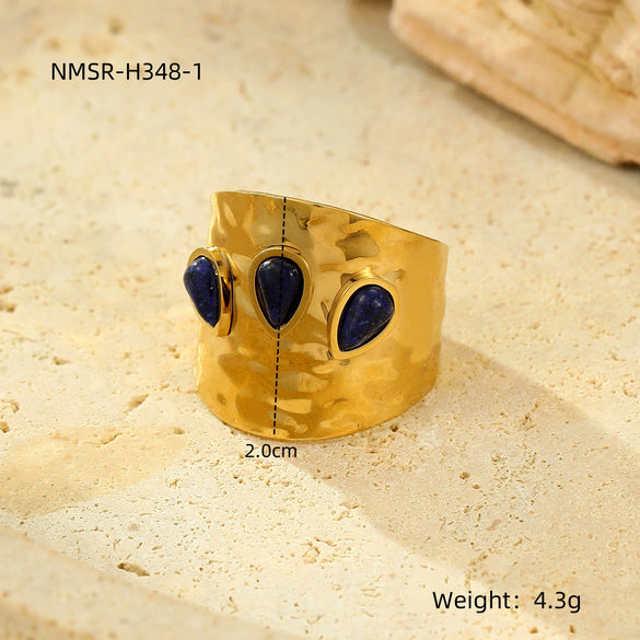 Wholesale Ring Stainless Steel Geometric French Retro Pleated Texture Inlaid With Natural Stone Electroplating For Women