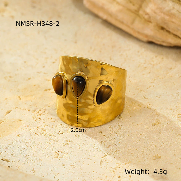 Wholesale Ring Stainless Steel Geometric French Retro Pleated Texture Inlaid With Natural Stone Electroplating For Women