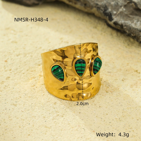 Wholesale Ring Stainless Steel Geometric French Retro Pleated Texture Inlaid With Natural Stone Electroplating For Women
