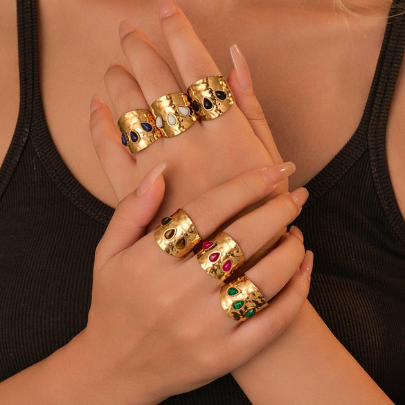 Wholesale Ring Stainless Steel Geometric French Retro Pleated Texture Inlaid With Natural Stone Electroplating For Women