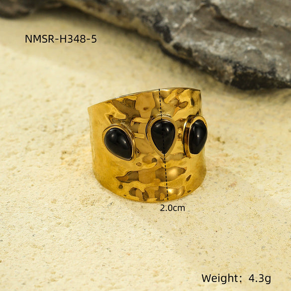 Wholesale Ring Stainless Steel Geometric French Retro Pleated Texture Inlaid With Natural Stone Electroplating For Women