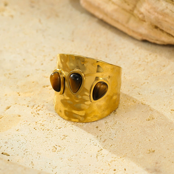 Wholesale Ring Stainless Steel Geometric French Retro Pleated Texture Inlaid With Natural Stone Electroplating For Women