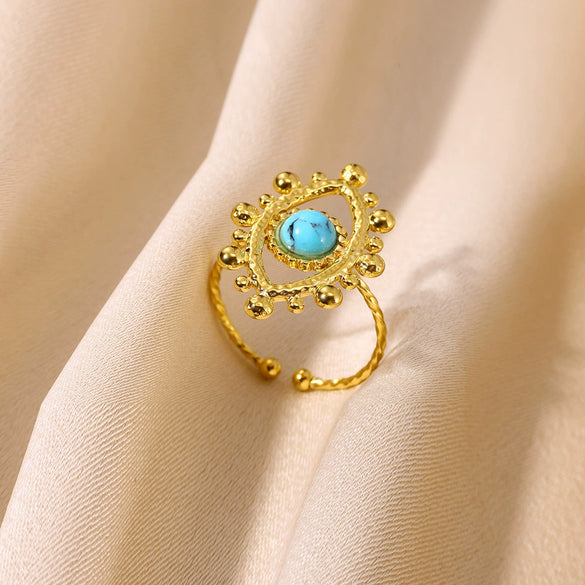 Wholesale Ring Stainless Steel Geometric Lace Hollow Design Inlaid Tiger's Eye Stone Electroplating