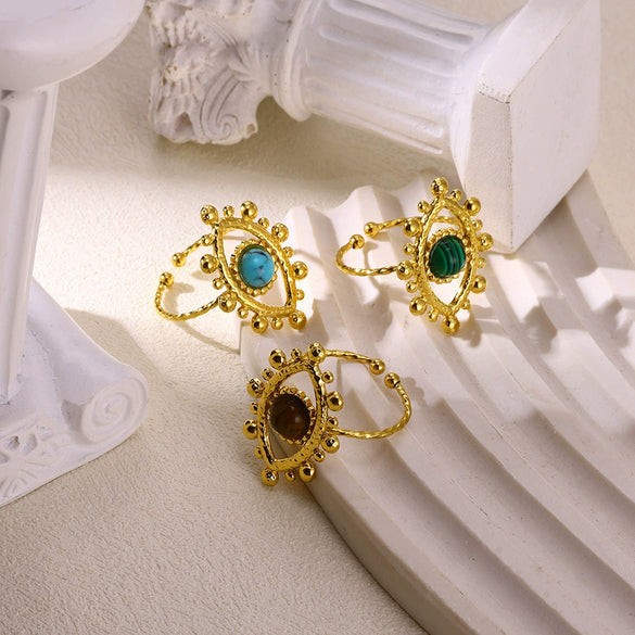 Wholesale Ring Stainless Steel Geometric Lace Hollow Design Inlaid Tiger's Eye Stone Electroplating