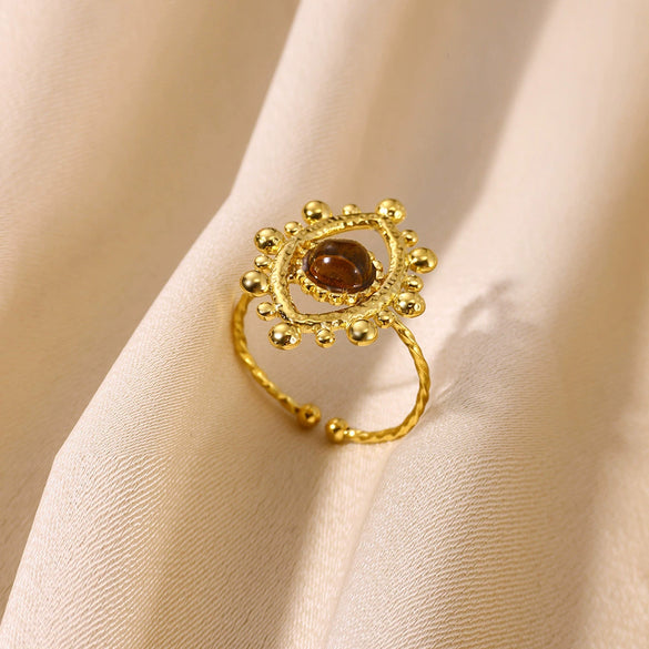 Wholesale Ring Stainless Steel Geometric Lace Hollow Design Inlaid Tiger's Eye Stone Electroplating