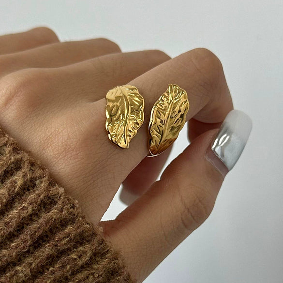 Wholesale Ring Stainless Steel Geometric Leaf Retro Opening Electroplated