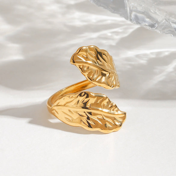 Wholesale Ring Stainless Steel Geometric Leaf Retro Opening Electroplated