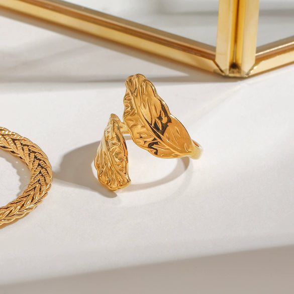 Wholesale Ring Stainless Steel Geometric Leaf Retro Opening Electroplated