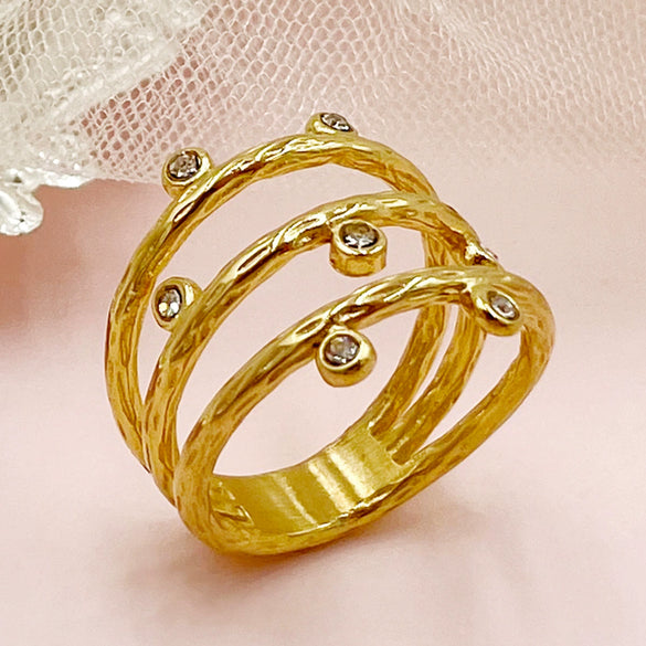Wholesale Ring Stainless Steel Geometric Lines Vacuum Plated Gold Inlaid Zircon For Women