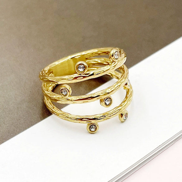 Wholesale Ring Stainless Steel Geometric Lines Vacuum Plated Gold Inlaid Zircon For Women