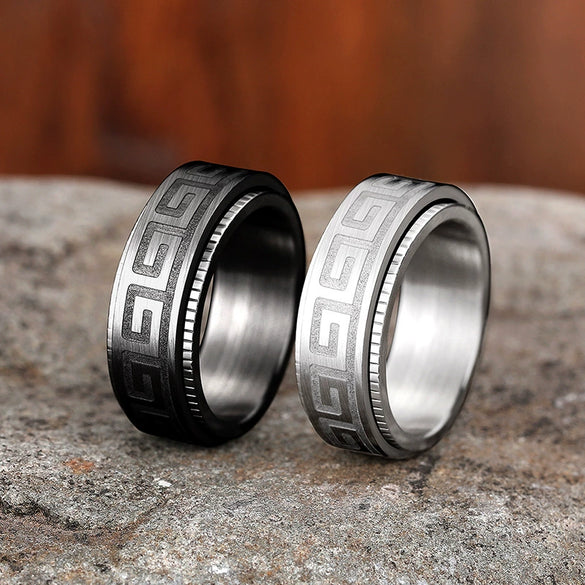 Wholesale Ring Stainless Steel Geometric Pattern Electroplating Rotatable Design Unisex Dark Style