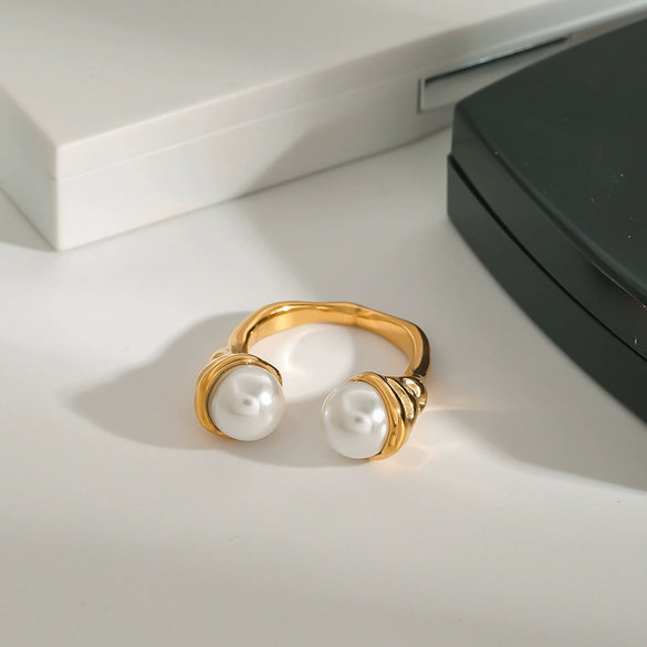 Wholesale Ring Stainless Steel Geometric Pearl Inlay Hammered Simple Fashion Jewelry