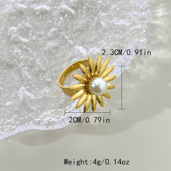 Wholesale Ring Stainless Steel Geometric Pearl Turquoise Electroplated