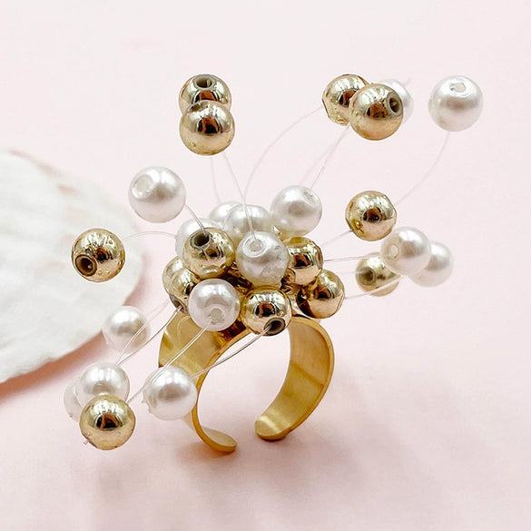 Wholesale Ring Stainless Steel Geometric Pearl Turquoise Electroplated