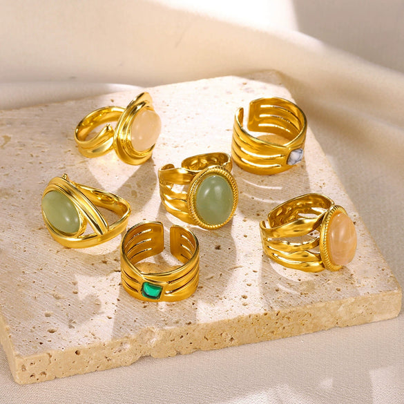 Wholesale Ring Stainless Steel Geometric Vintage Style Electroplated With Natural Stone