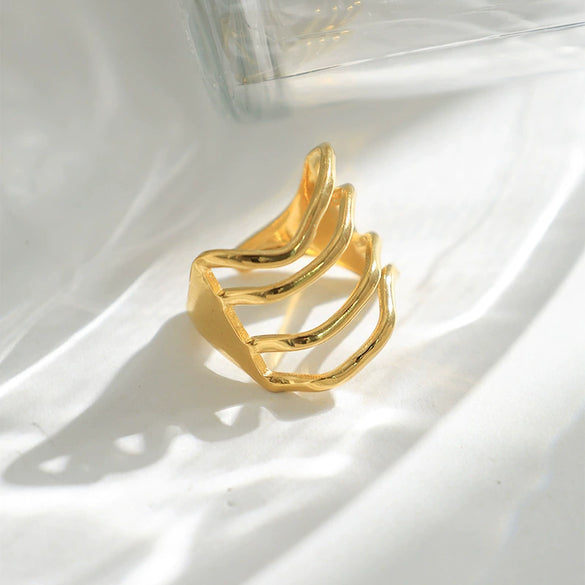 Wholesale Ring Stainless Steel Gold Plated Geometric Fashion High End Niche Wave Hollow Opening Unisex Jewelry