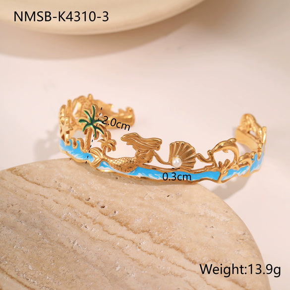Wholesale Ring Stainless Steel Goldplated Ocean Style Mermaid Pearl Geometric Open Hand Jewelry