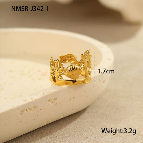 Wholesale Ring Stainless Steel Goldplated Ocean Style Mermaid Pearl Geometric Open Hand Jewelry