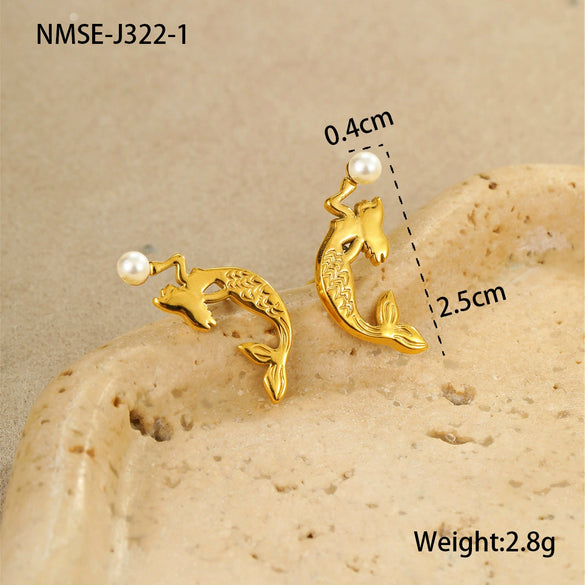 Wholesale Ring Stainless Steel Goldplated Ocean Style Mermaid Pearl Geometric Open Hand Jewelry