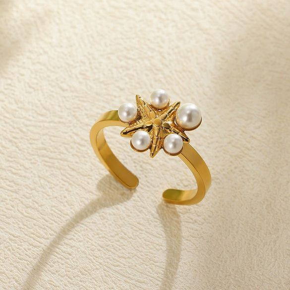 Wholesale Ring Stainless Steel Imitation Pearl Butterfly Hollow Electroplated Heart Shape Cartoon Characters French Retro Style