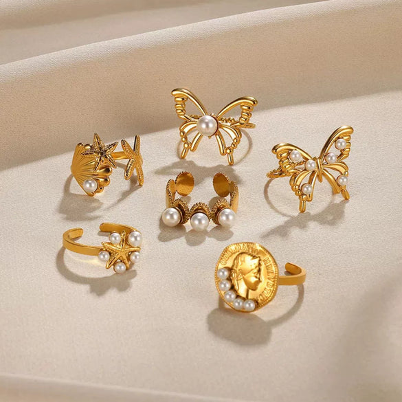 Wholesale Ring Stainless Steel Imitation Pearl Butterfly Hollow Electroplated Heart Shape Cartoon Characters French Retro Style