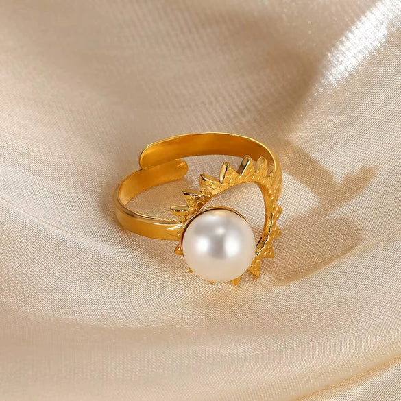 Wholesale Ring Stainless Steel Imitation Pearl French Retro Heart Shape Bow Tie Electroplated