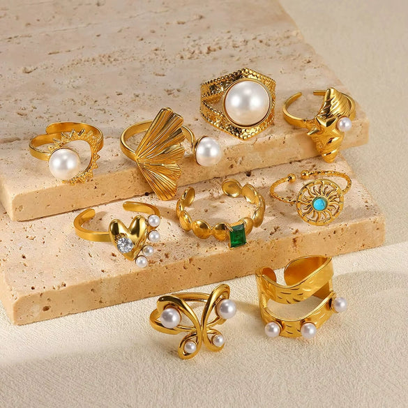 Wholesale Ring Stainless Steel Imitation Pearl French Retro Heart Shape Bow Tie Electroplated