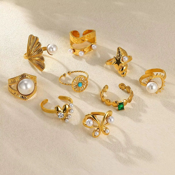 Wholesale Ring Stainless Steel Imitation Pearl French Retro Heart Shape Bow Tie Electroplated