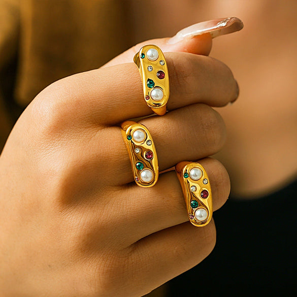 Wholesale Ring 316L Stainless Steel Imitation Pearl Geometric Minimalist Style 18K Gold Plated