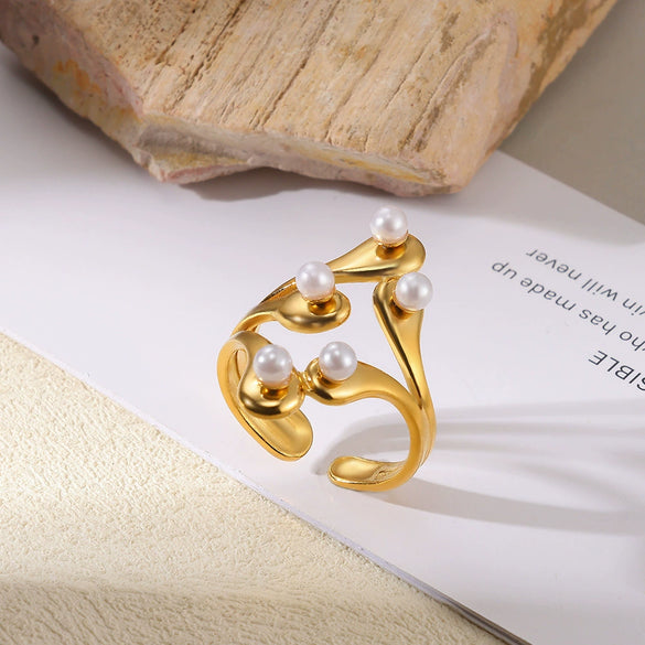 Wholesale Ring Stainless Steel Imitation Pearl Geometric Rococo Style Electroplated
