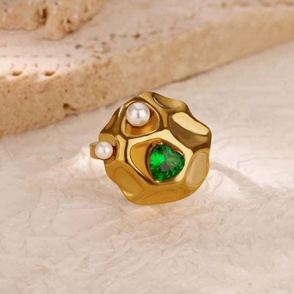 Wholesale Ring Stainless Steel Imitation Pearl Shell Geometric Electroplated Metallic Exaggerated