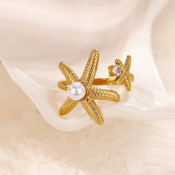 Wholesale Ring Stainless Steel Imitation Pearl Shell Geometric Electroplated Metallic Exaggerated