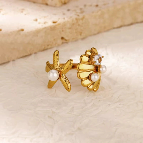 Wholesale Ring Stainless Steel Imitation Pearl Shell Geometric Electroplated Metallic Exaggerated