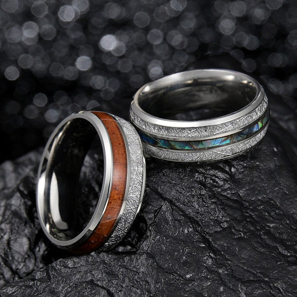 Wholesale Ring Stainless Steel Inlaid Acacia Wood And Abalone Shell Geometric Dripping Oil Unisex