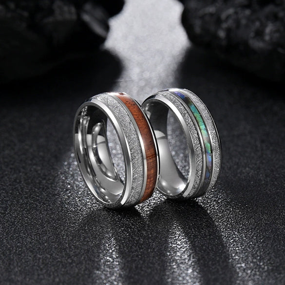 Wholesale Ring Stainless Steel Inlaid Acacia Wood And Abalone Shell Geometric Dripping Oil Unisex