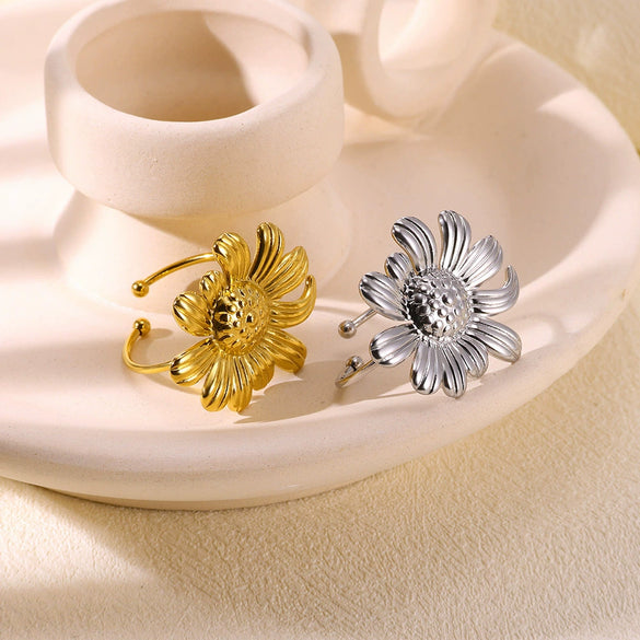 Wholesale Ring Stainless Steel Ins Style Stereo Flower Leaf Conch Electroplated