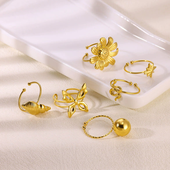 Wholesale Ring Stainless Steel Ins Style Stereo Flower Leaf Conch Electroplated
