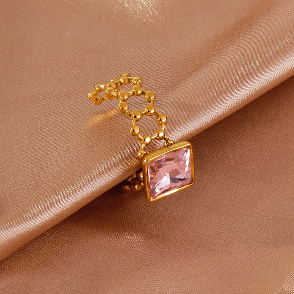 Wholesale Ring Stainless Steel 18K Gold Electroplated Pink Square Diamond Geometric Style Women's
