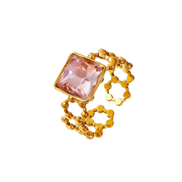 Wholesale Ring Stainless Steel 18K Gold Electroplated Pink Square Diamond Geometric Style Women's