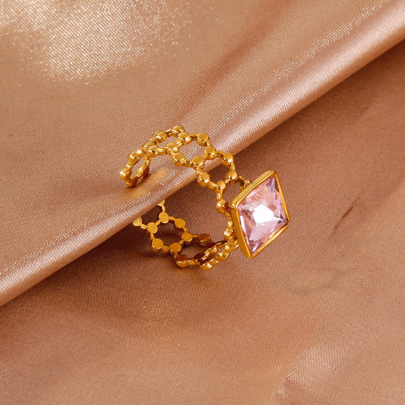 Wholesale Ring Stainless Steel 18K Gold Electroplated Pink Square Diamond Geometric Style Women's