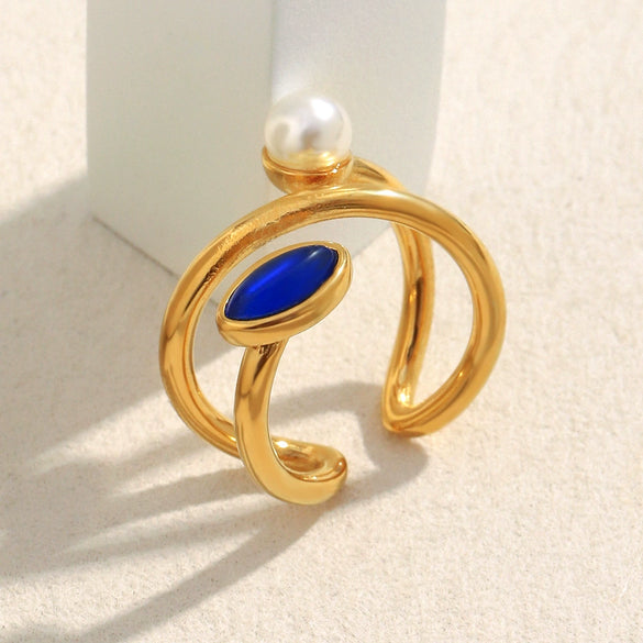 Wholesale Ring Stainless Steel 18K Gold Plated Geometric Imitation Pearl Natural Stone Open Design