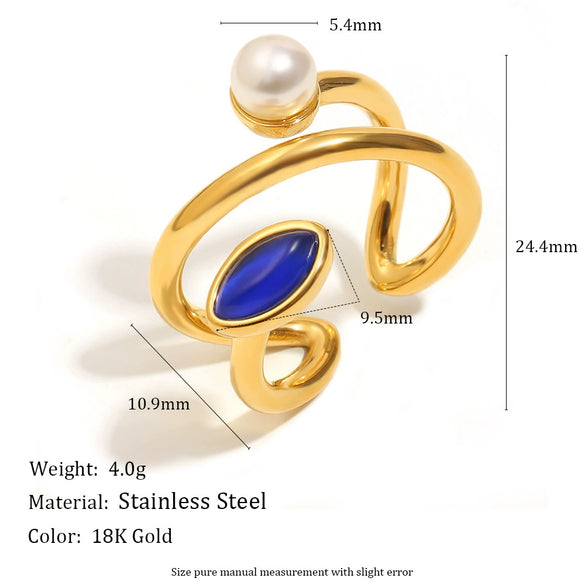 Wholesale Ring Stainless Steel 18K Gold Plated Geometric Imitation Pearl Natural Stone Open Design