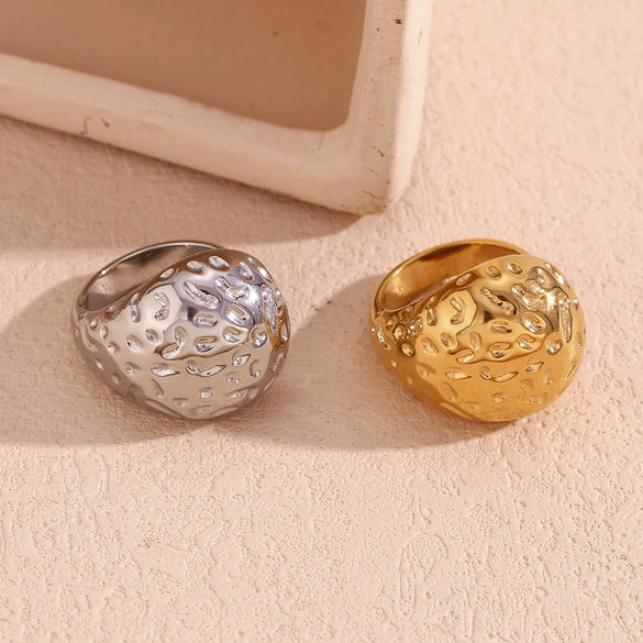 Wholesale Ring Stainless Steel 18K Gold Plated Hammered Geometric Pattern Open Water Drop Style For Women