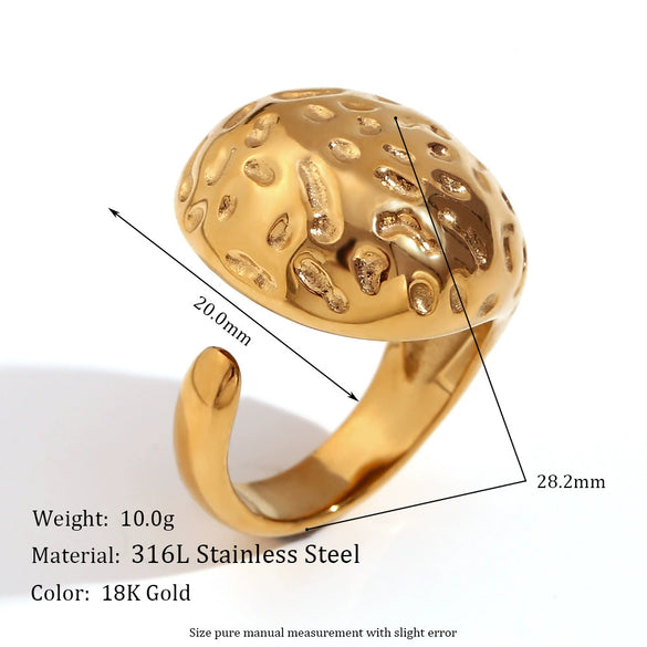 Wholesale Ring Stainless Steel 18K Gold Plated Hammered Geometric Pattern Open Water Drop Style For Women