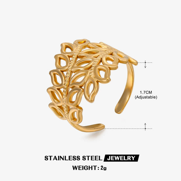 Wholesale Ring Stainless Steel Leaves Retro Hip Hop Exaggerated 18K Gold Plated For Women