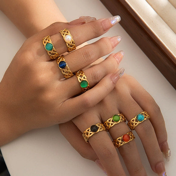 Wholesale Ring Stainless Steel Malachite Turquoise Geometric U Shape Electroplated
