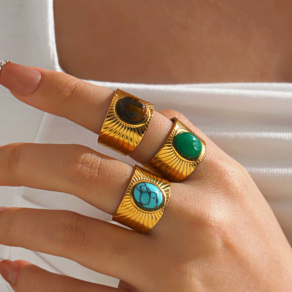 Wholesale Ring Stainless Steel Natural Stone Turquoise Tiger Eye Malay Jade Inlaid Geometric Electroplated For Women