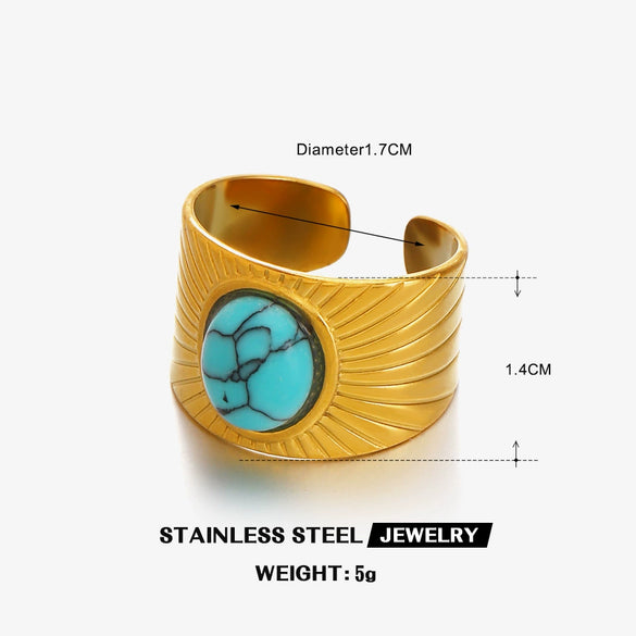 Wholesale Ring Stainless Steel Natural Stone Turquoise Tiger Eye Malay Jade Inlaid Geometric Electroplated For Women