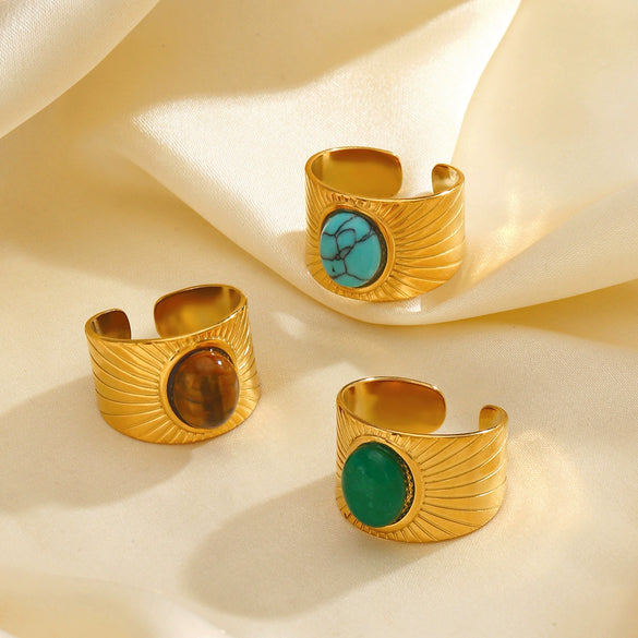Wholesale Ring Stainless Steel Natural Stone Turquoise Tiger Eye Malay Jade Inlaid Geometric Electroplated For Women